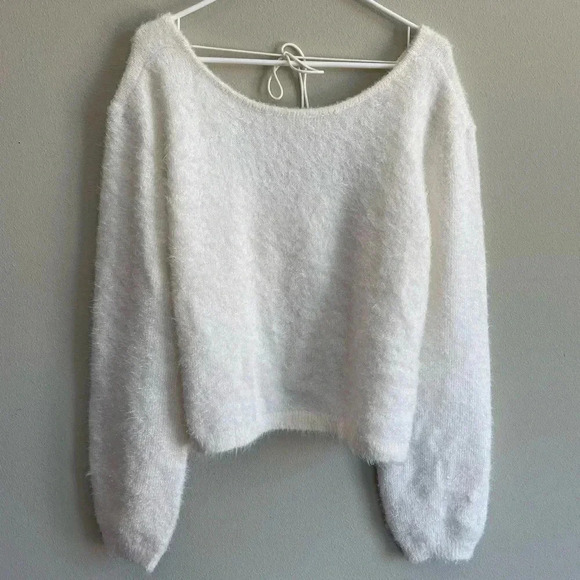 NWT Anthropologie Sweater Tie Back White Fuzzy Sparkle Shimmer Long Sleeve XL - Picture 1 of 11